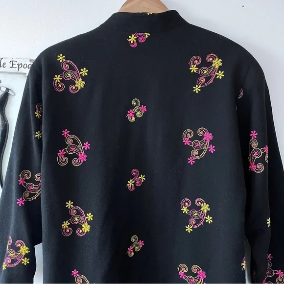 Vintage Black Japanese Haori Pink And Yellow Floral Embroidered Boho Duster - Picture 8 of 12